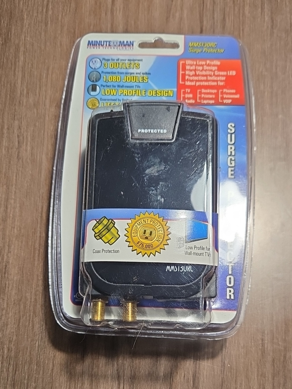Black Surge Protector with Coax Protection - 3 Outlets, 1080 Joules NIP